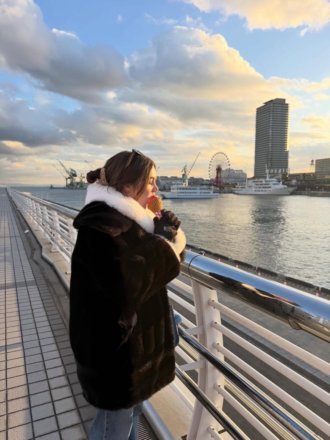 Ivey on the waterfront in Japan at sunset